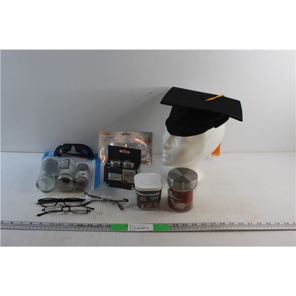 Graduation Hat, Safety & Sunglasses, Salt and Peppers Shakers, Glass Jar and Pop Container