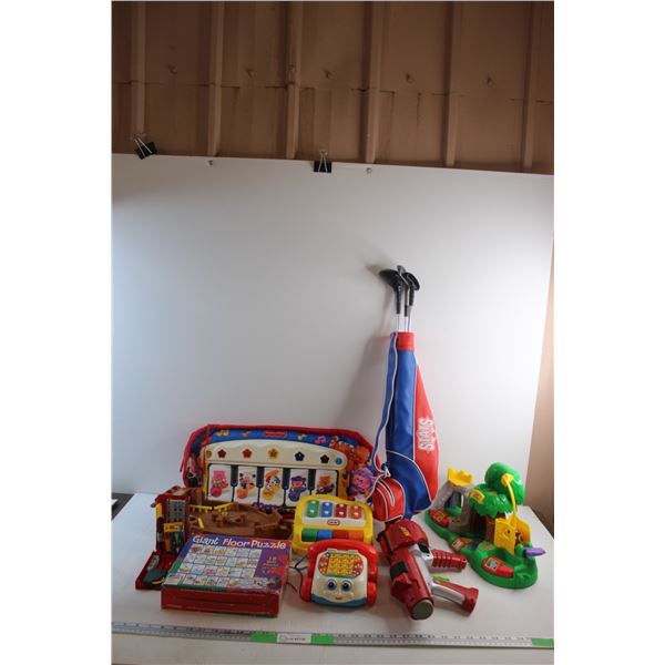 Giant Floor Puzzle, Golf Club Toys, Nerf Gun, Shipwreck Toy, Xylophone Toy and Assorted Toys