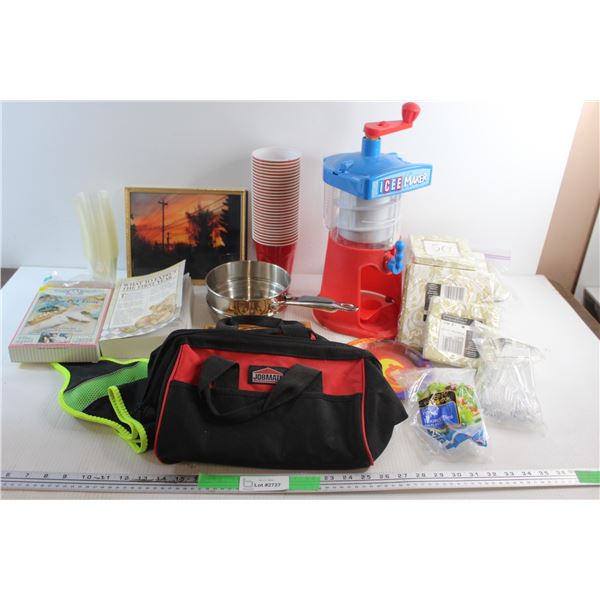 Jobmate Tool Bag, Ice Maker Toy, Strainer, Wall Clock, Napkins and Assorted Items