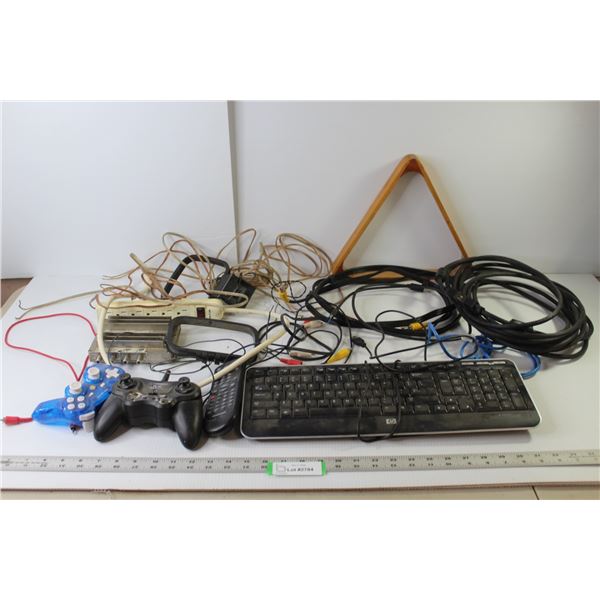 HP Keyboard, Assorted Cables (15 Pin, Speaker, Telephone etc.), Video Game Controllers, Toshiba Remo