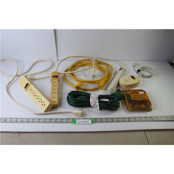 (4) Power Bars, 10-Foot Extension Cord (All As Is), 2 Way Splitter Cord (NIB), Oregon 20" Cutting Ch