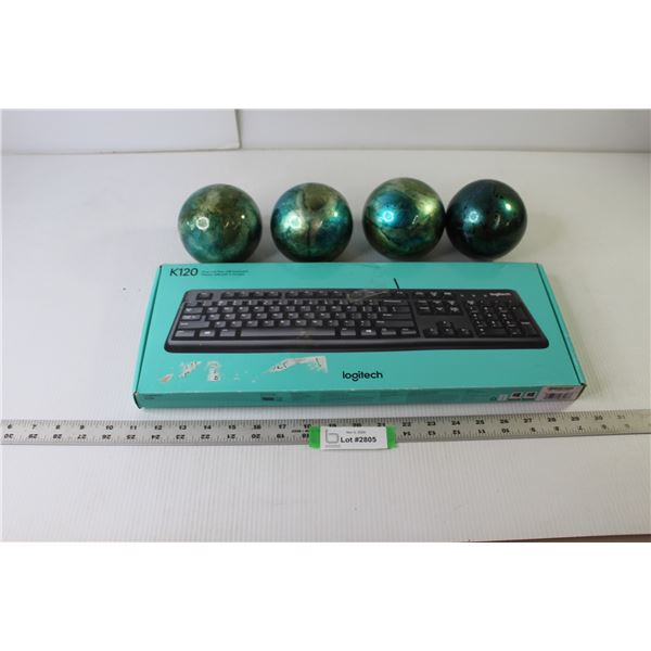 Logitech K120 Keyboard (NIB), (4) Ceramic Ornamental Spheres (3 have Cracks)
