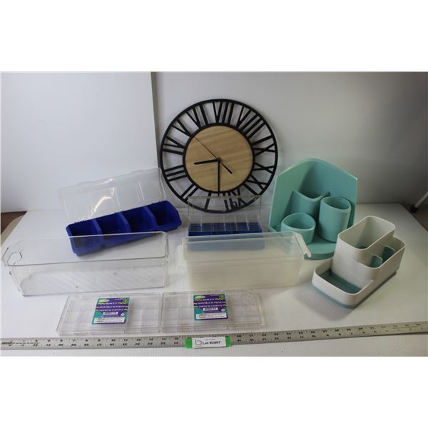 (6) Storage Bins, Stationery Storage, Personal Amenities Holder, Clock (Wood/Metal) 14" Diameter