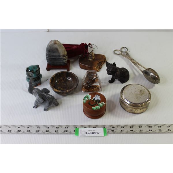Variety Ornaments (Elephant, Penguin, Owl, Cat etc.), Stone Bowl, Jewelry Boxes, Tongs