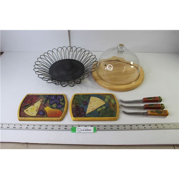 Dessert Dome - Wood Tray with Glass Dome 11" Diameter, Metal Wire Fruit Bowl 12.5" Diameter, (2) Che