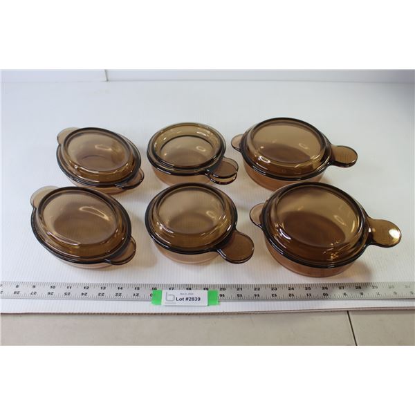 (6) Vision Corning Ware "Smoky Glass" Dishes with Lids (2 - 6.5" Dia, 2 - 5.5" Dia, 2 - 5.25" W)