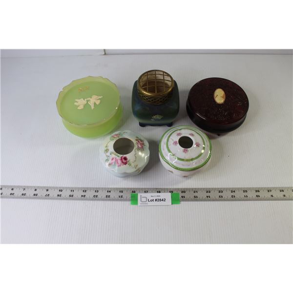 (4) Jewelry Holders (2 Large Are Plastic Avon 5.5" Dia, 2 Small China 4.5" Dia, Potpourri Vase 4" Di
