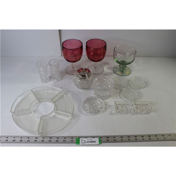 (3) Glass Goblets, (2) Crystal Vases, (3) Glass Coasters, 5-Piece Circle Platter, Glass Cream & Suga