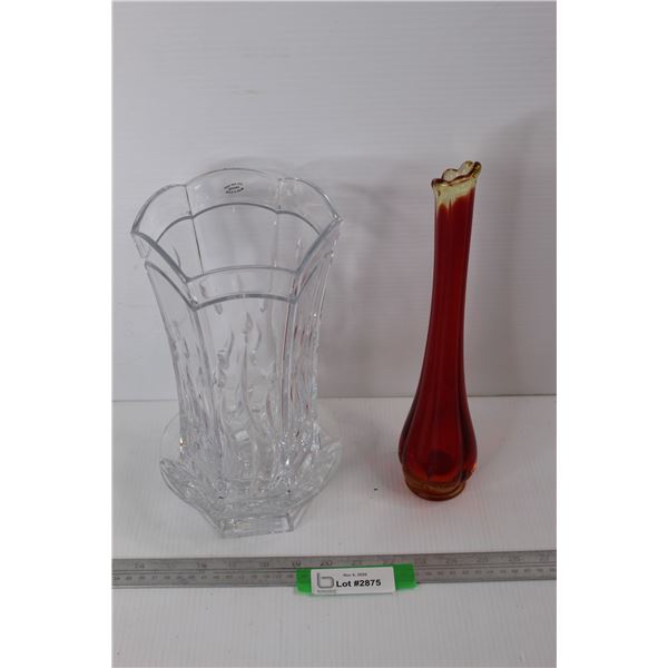 (2) Glass Vases, Crystal Vase Has Tray, Ruby Red Art Glass Vase