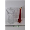 Image 1 : (2) Glass Vases, Crystal Vase Has Tray, Ruby Red Art Glass Vase