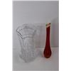 Image 2 : (2) Glass Vases, Crystal Vase Has Tray, Ruby Red Art Glass Vase