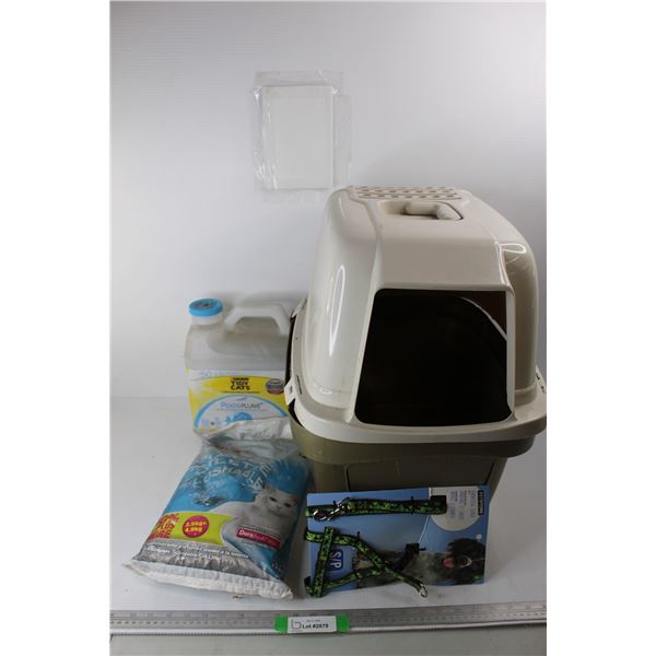 Pet Crate- 19'' x 14'' x 20'', Pet Harness- NIB, Container And Bag Of Cat Litter