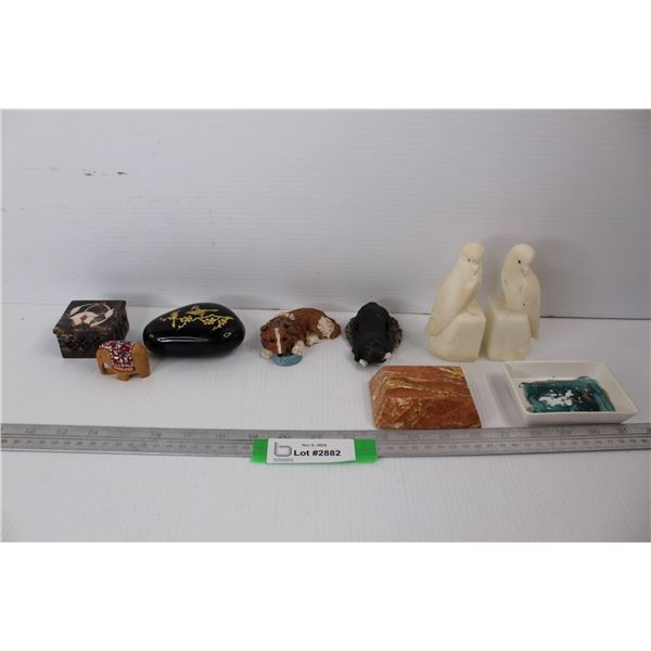 Hudson's Bay Compony Marble Block, Set Of Bird Bookends, (2) Small Ornamental Dogs, Misc.