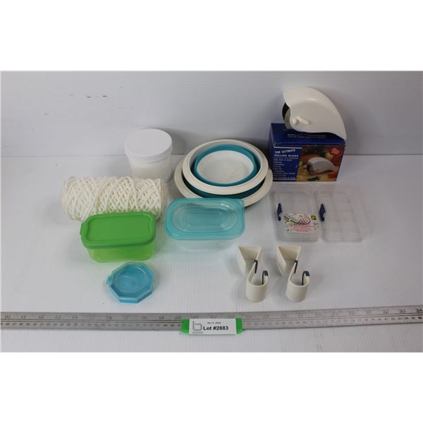 The Ultimate Rolling Slicer w/ Box, Various Containers And Bowls, Misc.