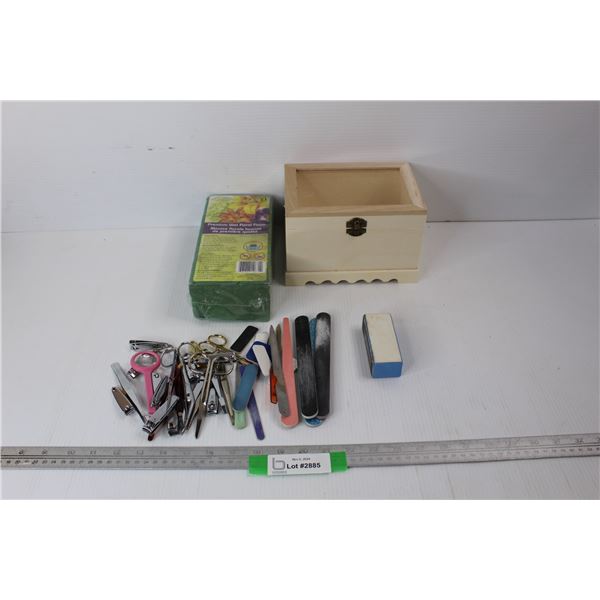 Premium Wet Floral Foam- NIB, Wooden Box, Various Nail Files, Tweezers, Nails Clippers, Misc.