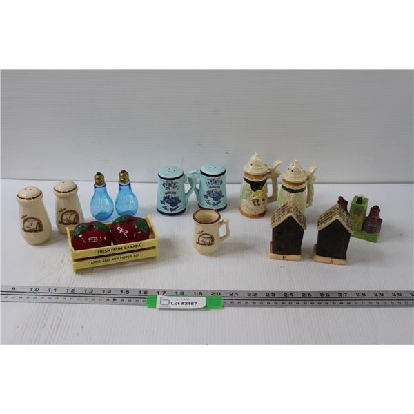 (7) Salt & Pepper Shakers - (1) Toothpick Holder - Beer Steins, Alligators, Lightbulbs, Apple, Peggy