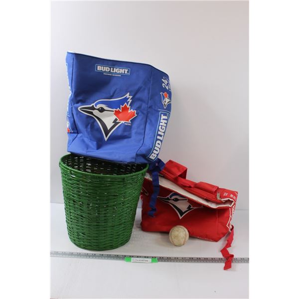 (2) Toronto Blue Jays Cooler Backpacks & Green Wicker Garbage Basket