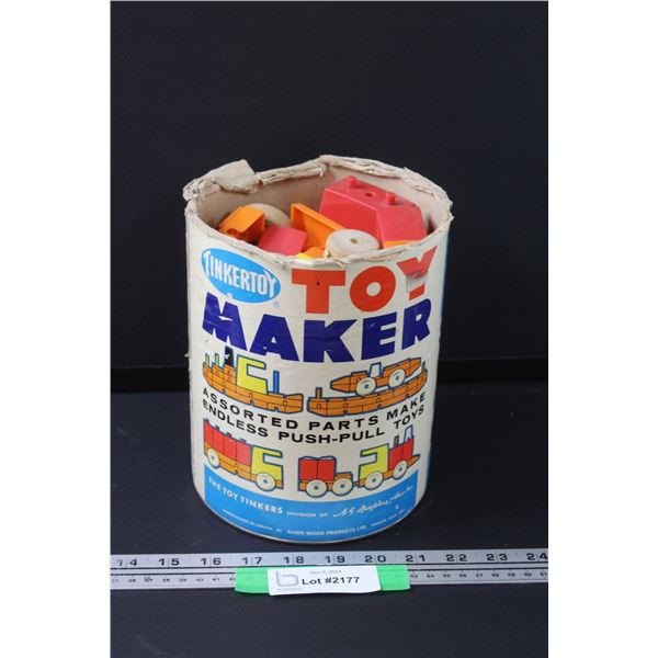 Vintage Tinkertoy Toy Maker in Container - Assorted Parts - as is