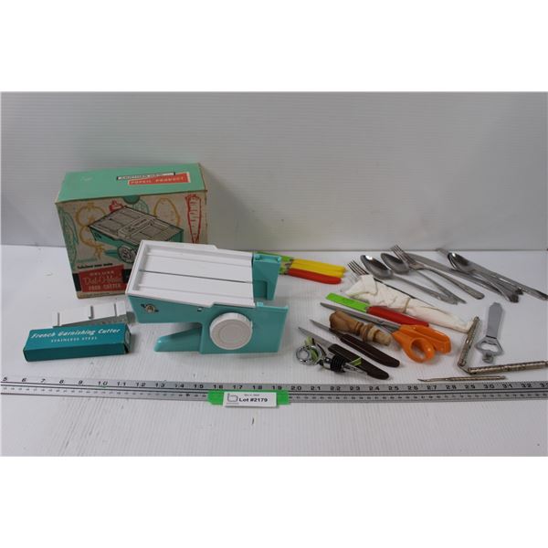 Popeil Deluxe Dial-o-Matic Food Cutter & Various Parring Knives, Nut Cracker, Cork Stoppers, Misc.