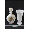 Image 1 : Dant Distillery - A. Singer Brand - Field Birds Decanter & Milk Glass Vase - 9" Tall