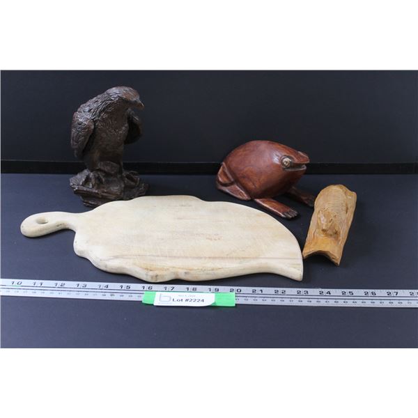 (4) Carved Wood Items: Cutting Board, Hawk, Frog, Beaver