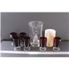 Image 1 : (6) Red Colored Glasses, Clear Vase, & Faux Wood Vase