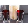 Image 2 : (6) Red Colored Glasses, Clear Vase, & Faux Wood Vase