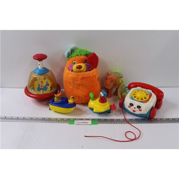 (6) Retro Children's Toys: Fisher Price, Top, Popples, Sesame Street, Misc.