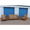 Image 1 : *** Retro Wood & Upholstery Living Room Set: Sofa - 77" Long (2) Rocking Chairs, Foot Stool