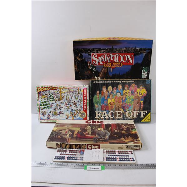(3) Board Games: Clue, Saskatoon, Clue (1) Cribbage Board for the Blind, (1) Hockey Puzzle - As is