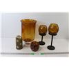 Image 1 : (3) Amber Glass Candle Holders, Candle, Vase
