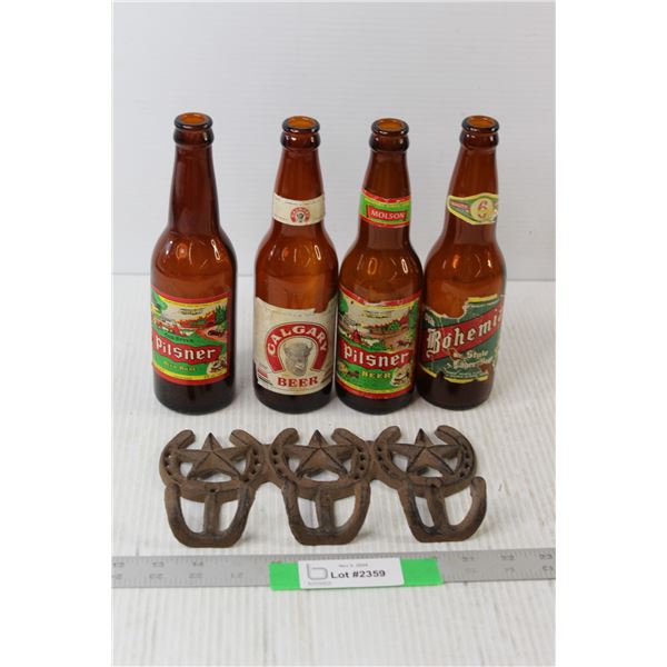 (4) Beer Bottles, Horseshoe Coat Rack