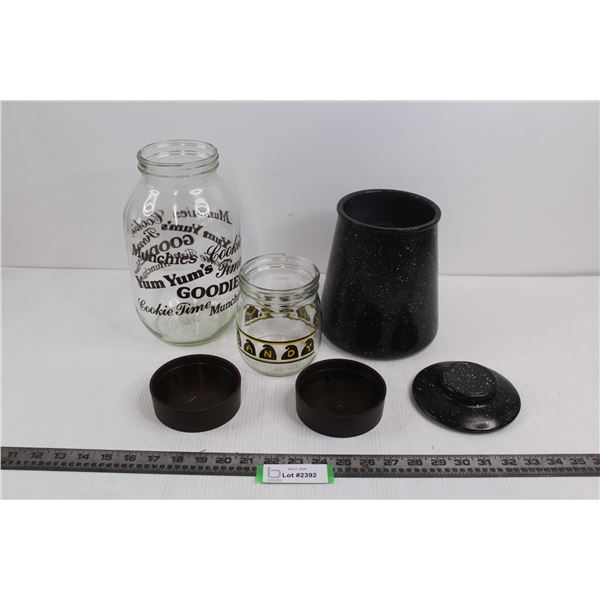 Round Black Speckle Glass Jar w/ Lid 7.5"x6", Round Glass Cookie Jar w/ Lid 6.5"x10.5", & Round Glas