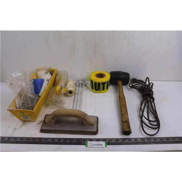 Bag of 2" Screws, Sanding Block w/ Handle, Roll of Yellow Caution Tape, 16" Rubber Mallet w/ Wooden 