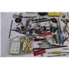 Image 2 : Assorted Tools & Hardware: Headlamp, Screwdrivers, Wrenches, Screws, Nuts, Bolts, Grinder Disks, Riv