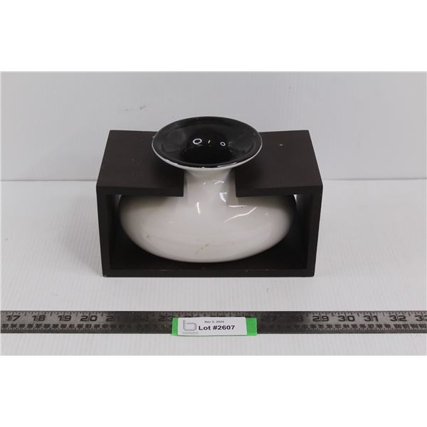 White Ceramic 7" Wide Vase w/ Wooden Holder
