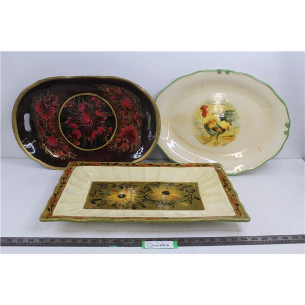 Rectangle Ceramic Platter 20"x13", Round Wooden Platter 20"x12.5", & Round Ceramic Chicken Platter 1