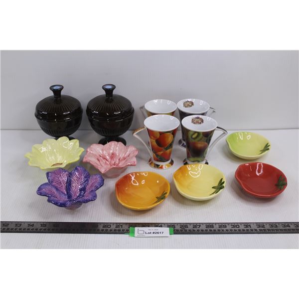 (2) Small Serving Bowls w/Lids, (3) Ceramic Flower Trays 5.5", (4) Ceramic Tomato Trays 5", (4) Frui
