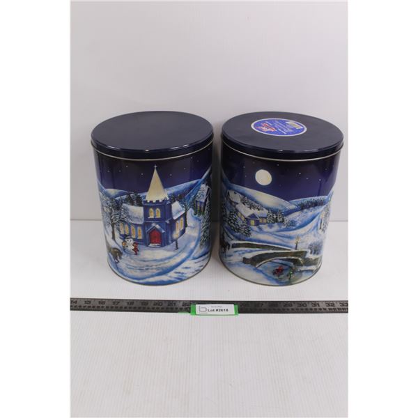 (2) 11"x8" Round Christmas Tins w/Lids