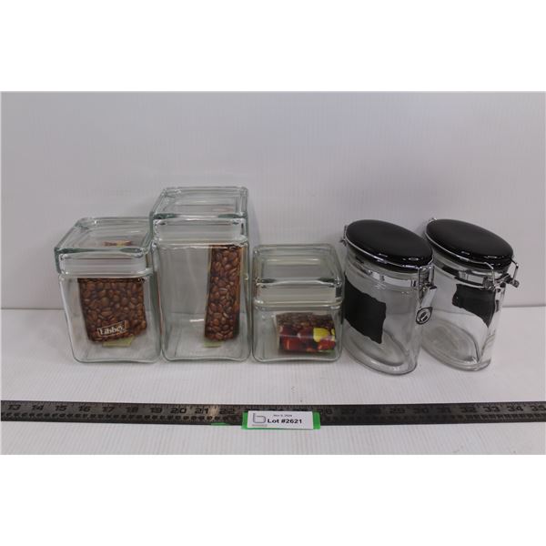 (3) Square Glass Dry Containers, (2) Oval Glass Dry Containers