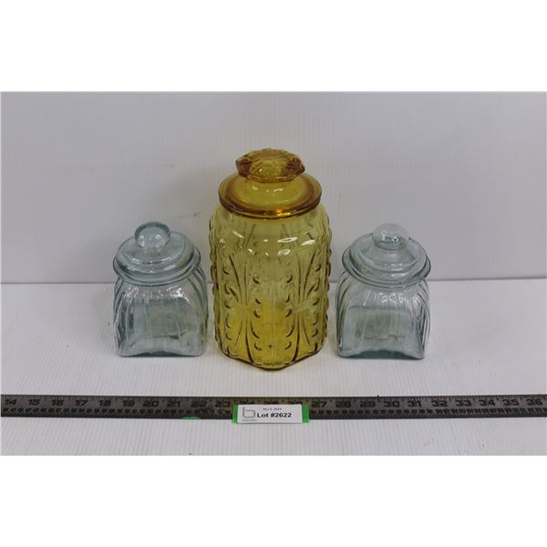 (2) Small Square Glass Jars w/Lids 4"x5" & Vintage Amber Glass Cannister w/Lid 5.5"x9"