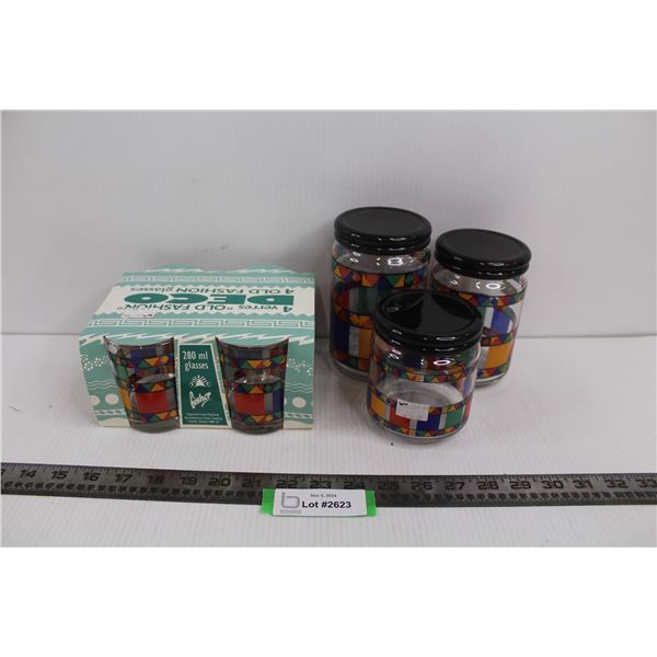 (3) Round Glass Jars w/Lids & (4) Old Fashion Glasses - NIB