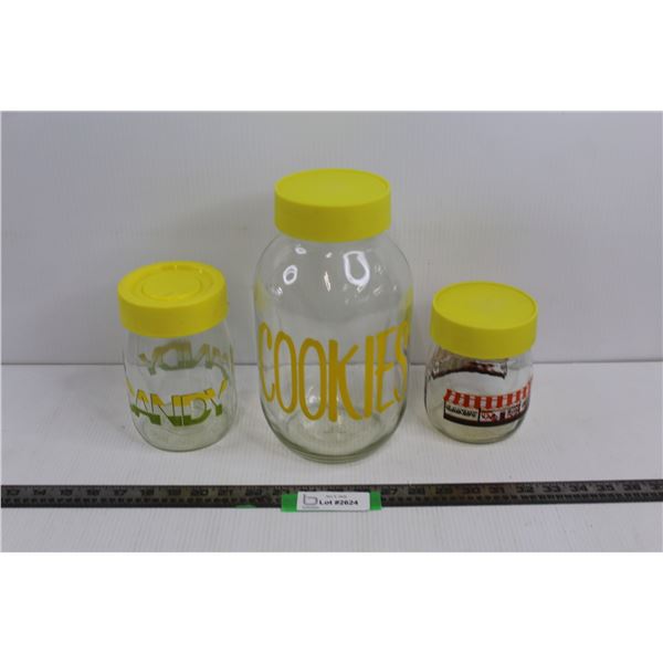(2) Round Glass Candy Jars w/Lids & Round Glass Cookie Jar w/Lid