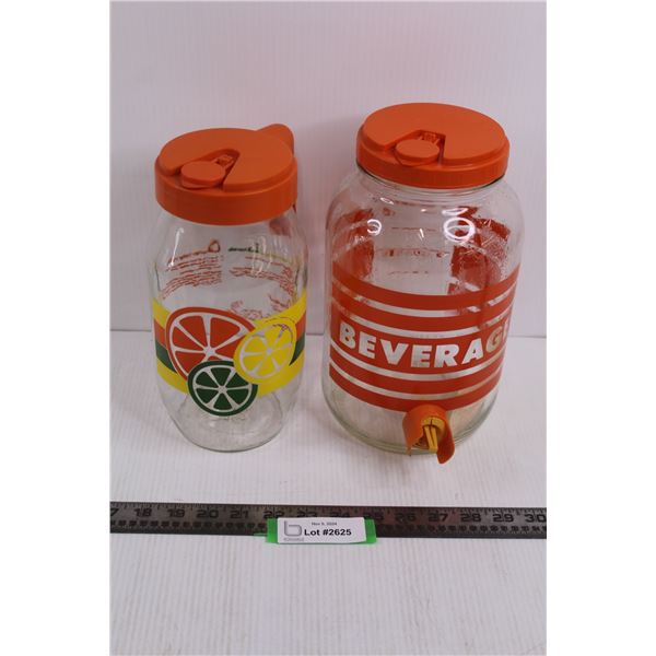Round Glass Drink Dispenser w/Lid 10.5"x6.5" & Round Glass Pouring Jar w/Lid 10"x5"