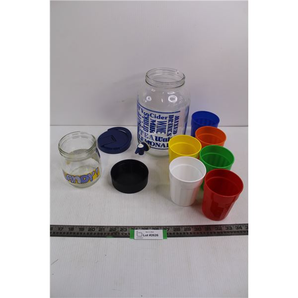 Round Glass Candy Jar 4"x5.5" & Round Glass Drink Dispenser 6"x10" w/ (6) Plastic Cups