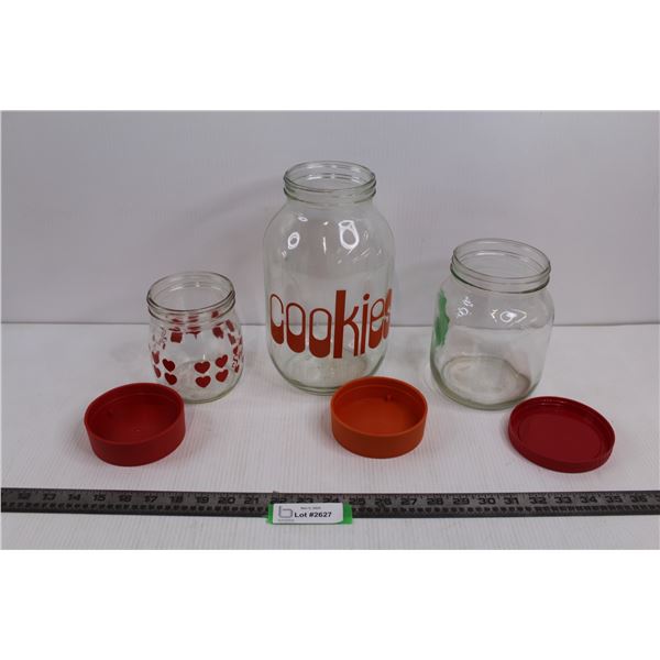 Round Glass Cookie Jar w/Lid 5.5"x10", Round Glass Candy Jar w/Lid 4.5"x5.5", & Round Glass Frog Jar