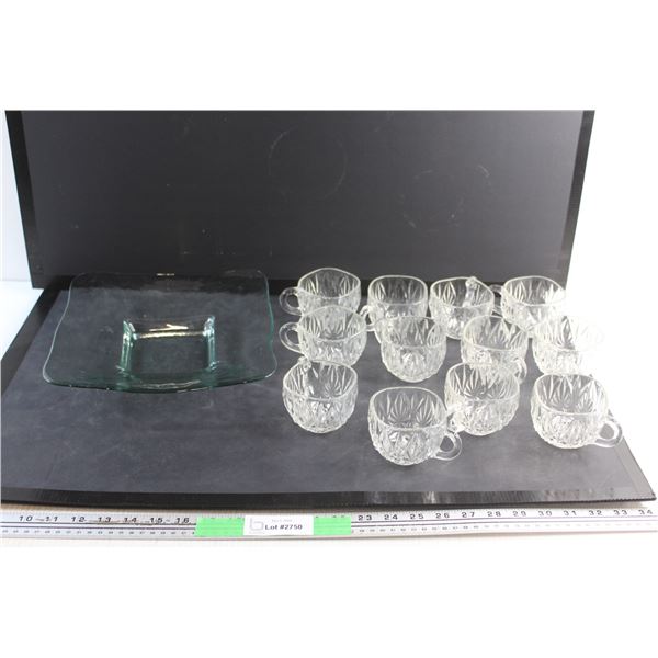 (12) Glass Tea Cups and Square Glass Plate 10''