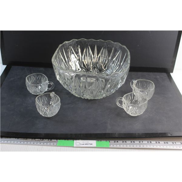 Glass Punch Bowl and (4) Glass Cups