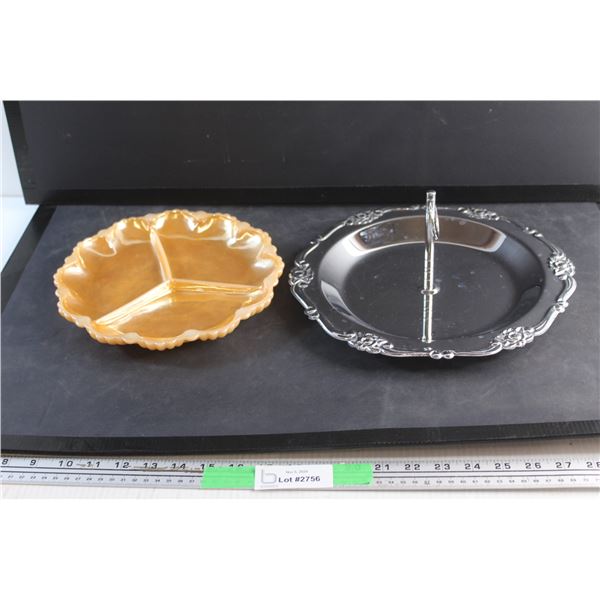 Peach Luster Divided Plate and Metal Serving Tray