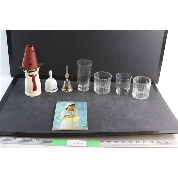 Ceramic Snowman Candle Holder, 2016 Art Calendar, (4) Glasses and (2) Bells